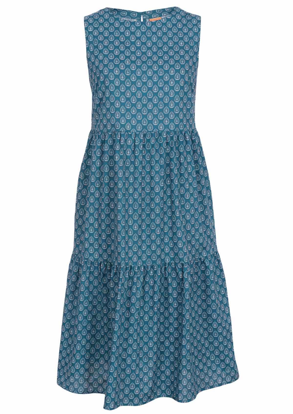 Sleeveless cotton dress with a white pattern on a blue base. 
