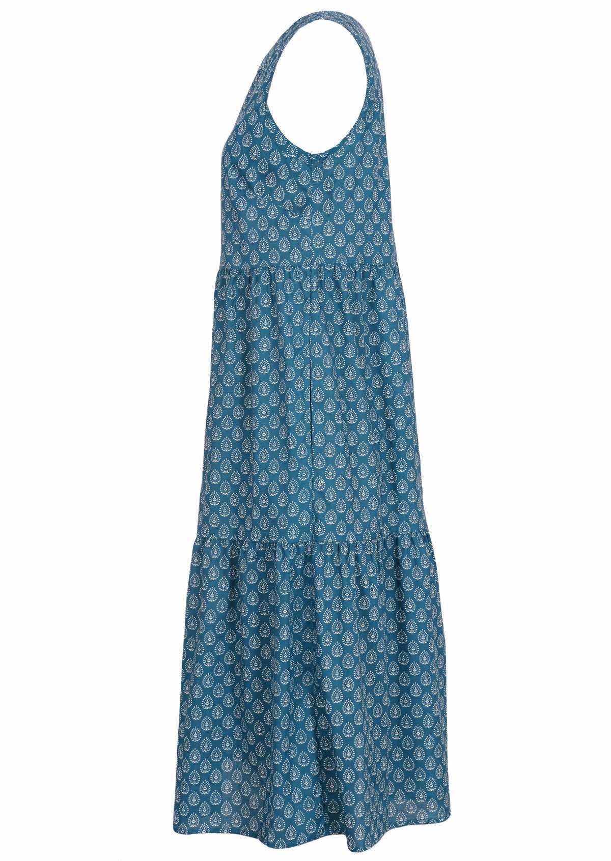 Blue based cotton dress with an empire waistline and pockets. 