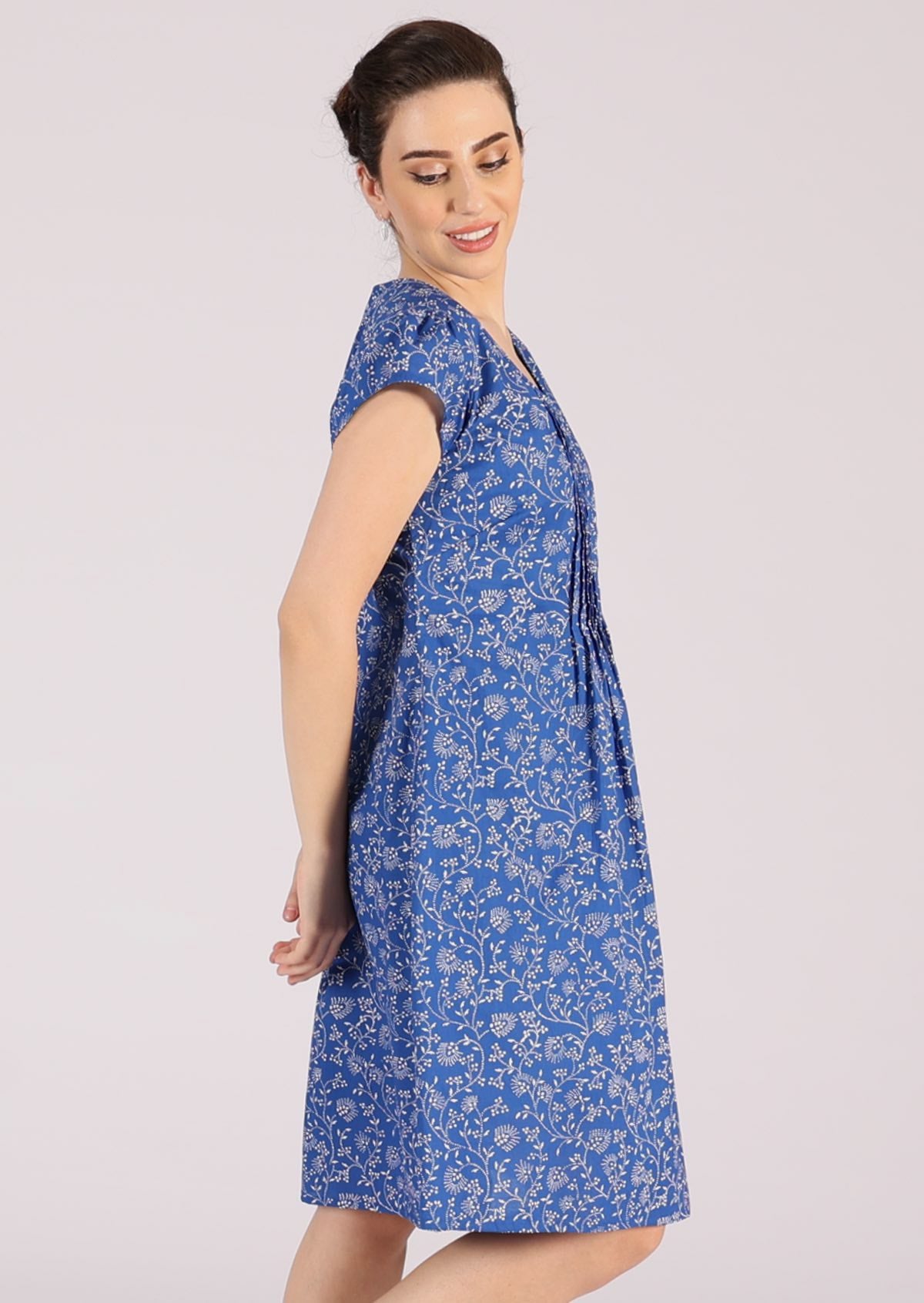 Knee length blue cotton dress with lining and cap sleeves