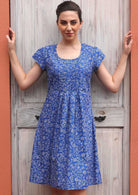Blue base white floral priint cotton lined knee length dress