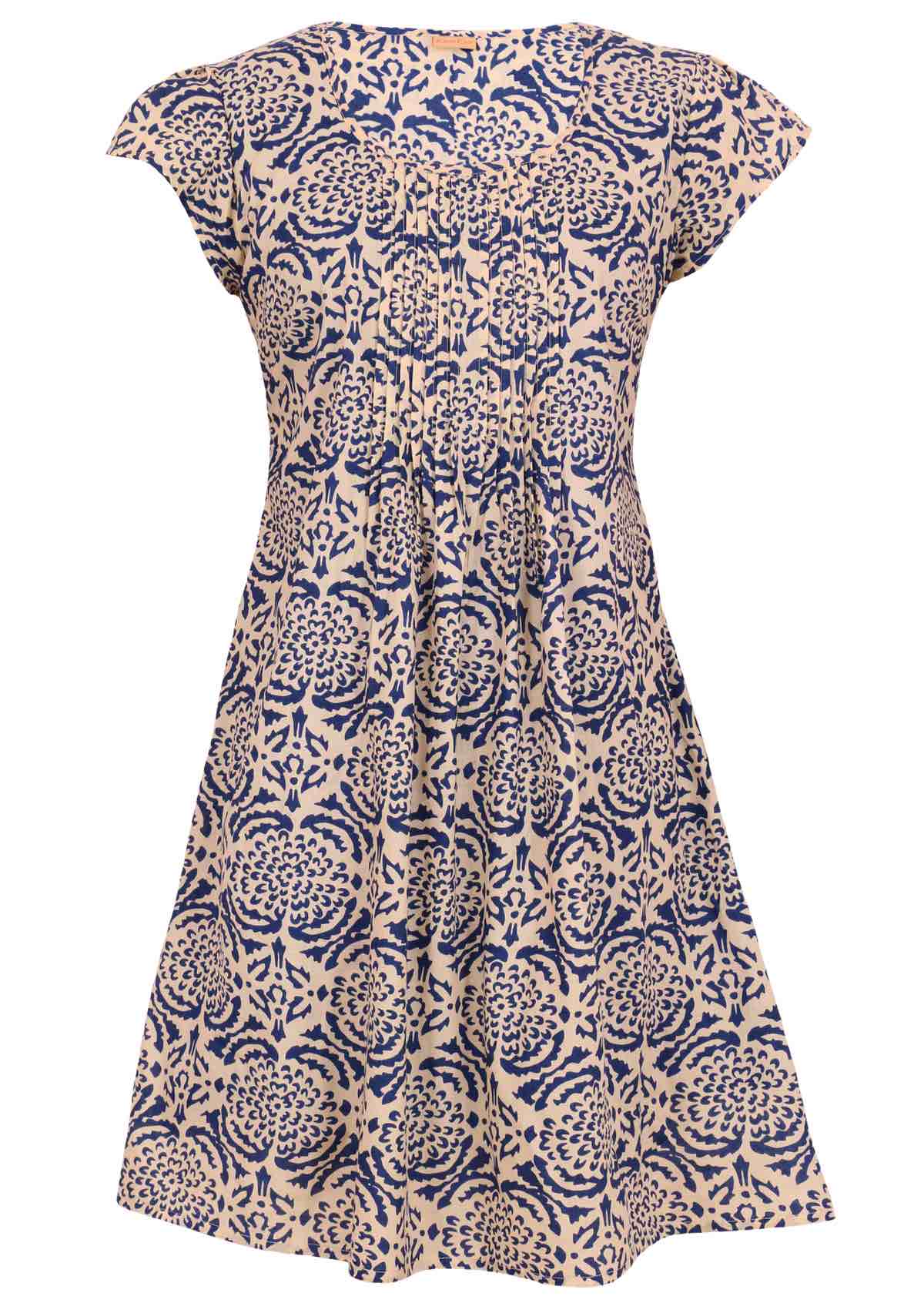 100% cotton dress with blue stamped dahlias on a cream base with a round neckline. 