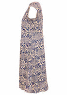 Cotton summer dress with a cream and blue floral pattern and sweet cap sleeves. 