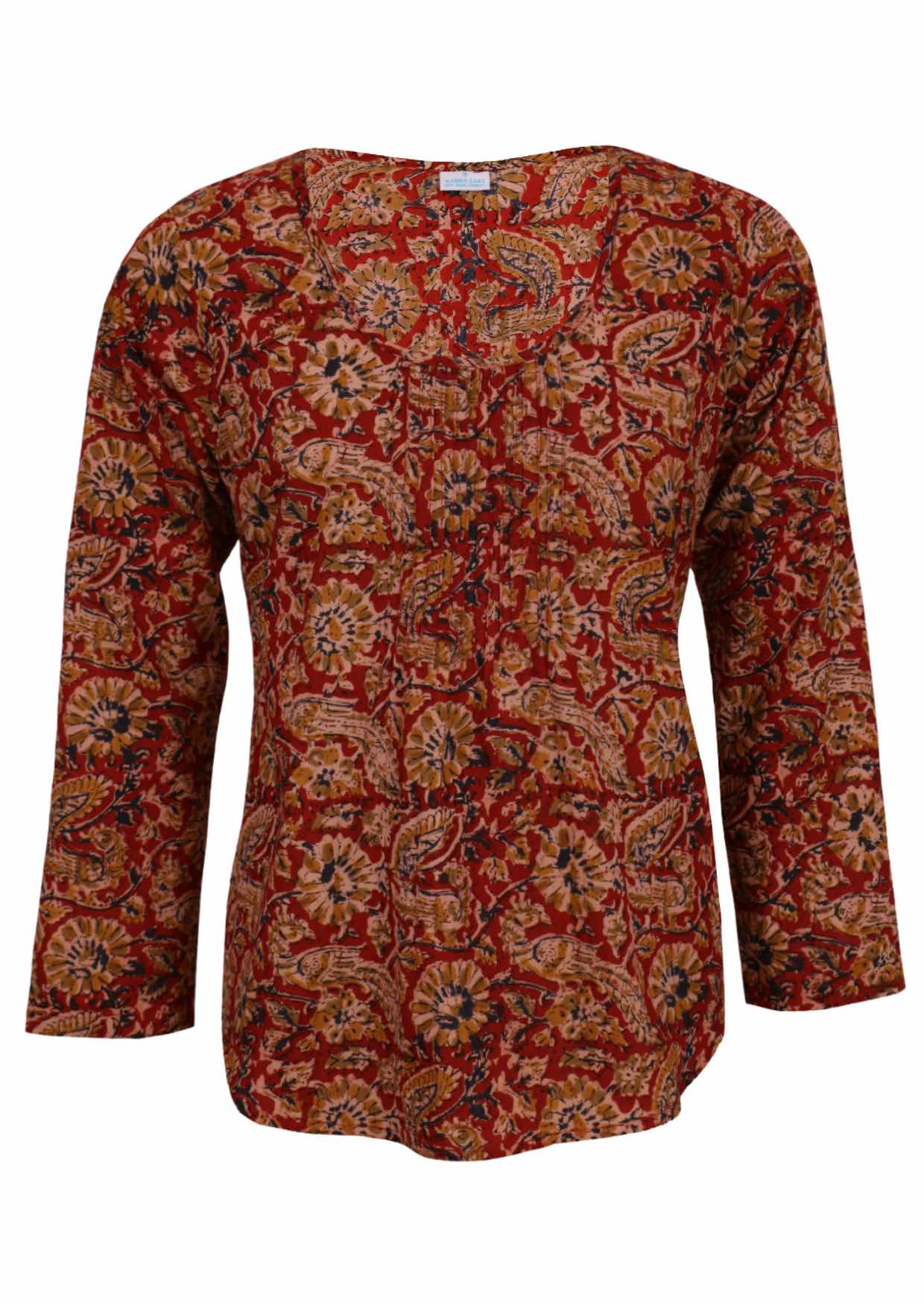 Long sleeve cotton blouse in earthy red Indian print 