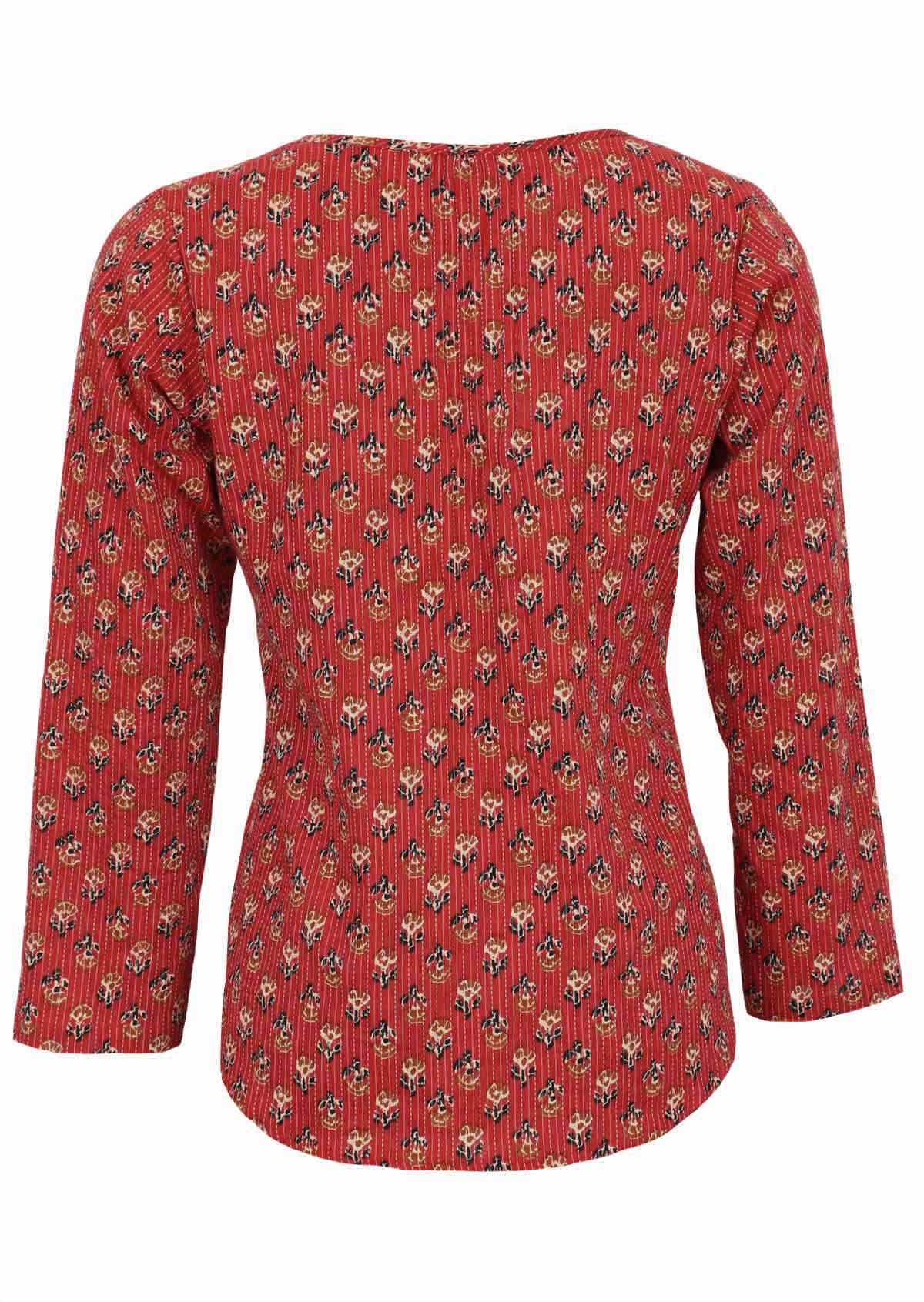 Lightweight cotton long sleeve top in red with sweet flowers and kantha stitches