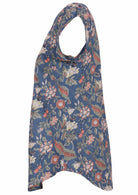 Dusty blue based floral print short sleeve cotton top with scalloped hem