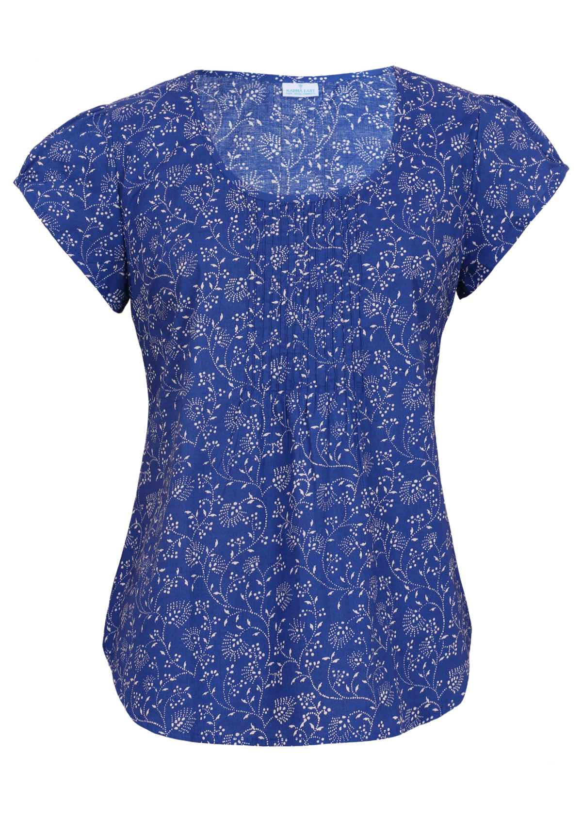 White florals on a blue base, 100% cotton top with cap sleeves. 