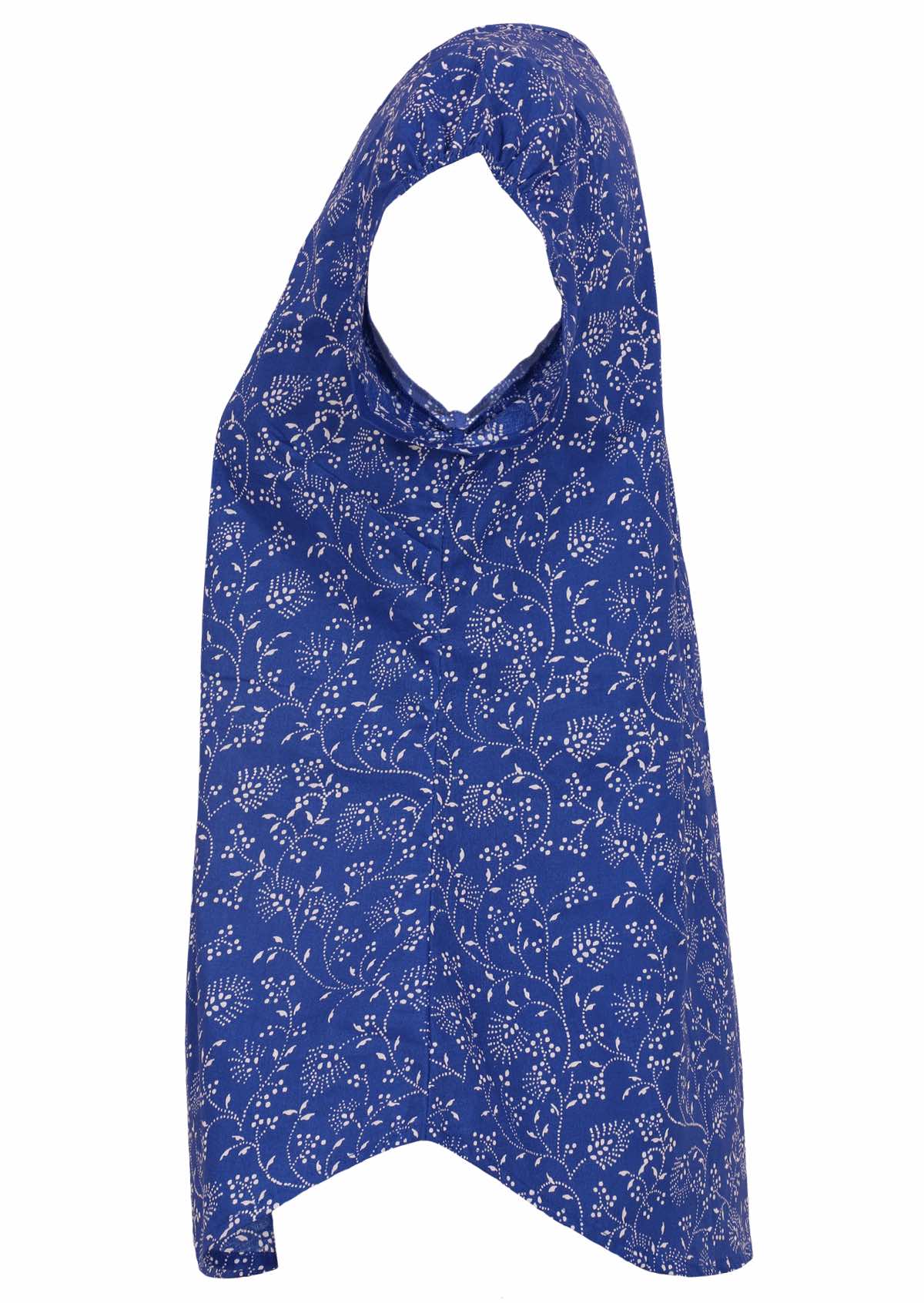 100% cotton top with a low round neckline in blue with white florals. 