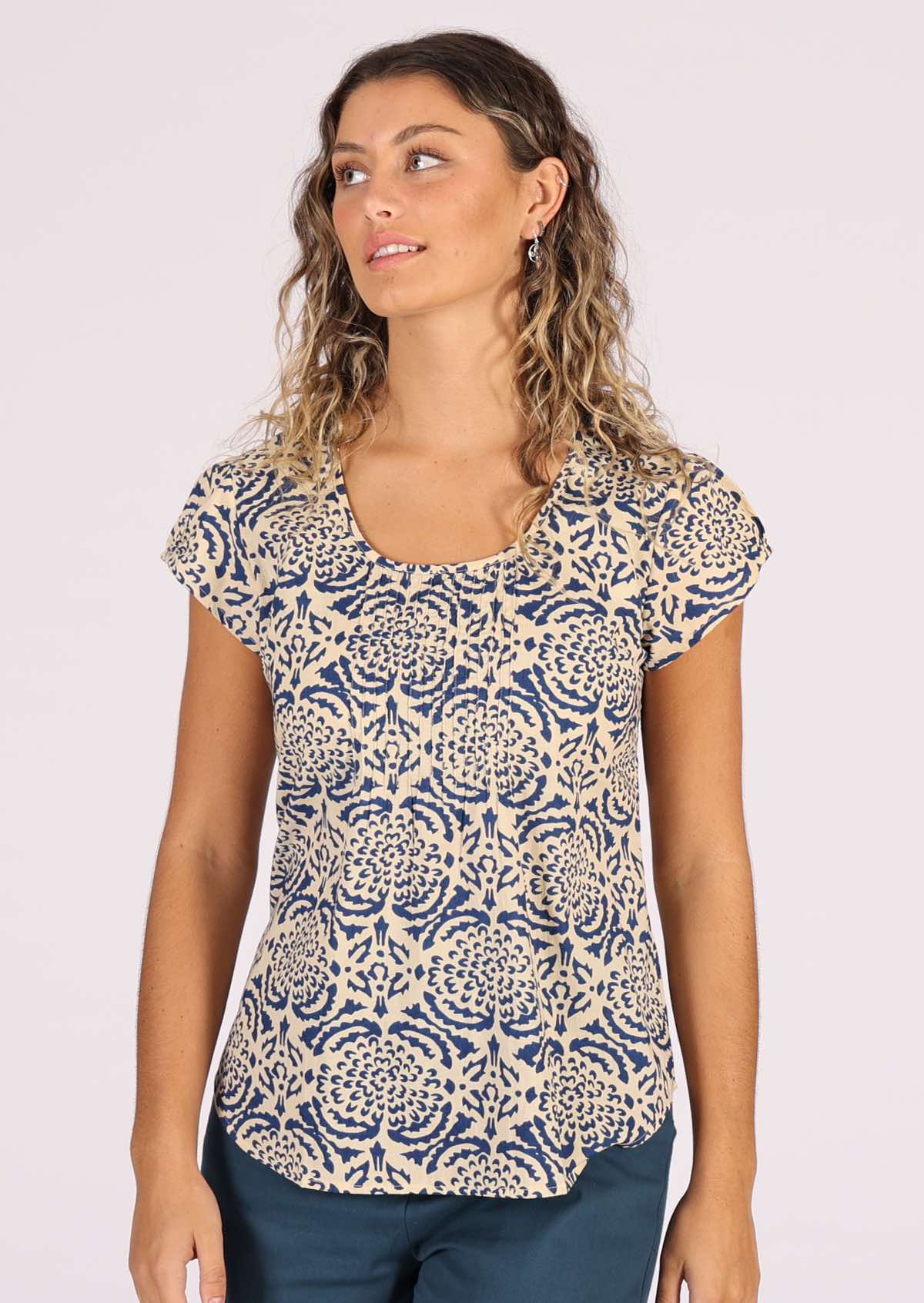 Cotton top with low round neckline and small pin tucks across chest