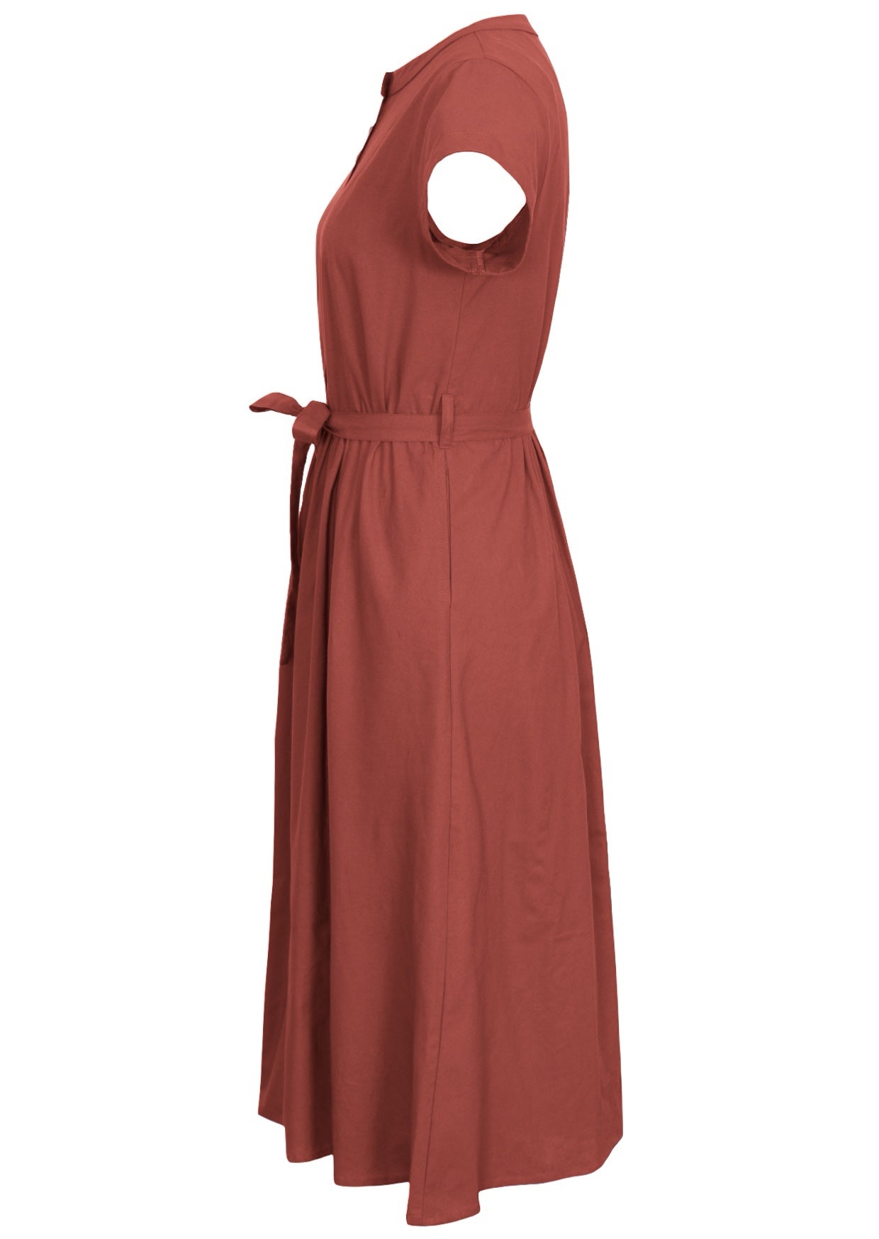 100% cotton rust coloured mid length retro dress with short sleeves and hidden side pockets 
