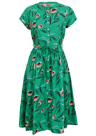 Green cotton retro style dress, button down with tie up belt and large floral print 