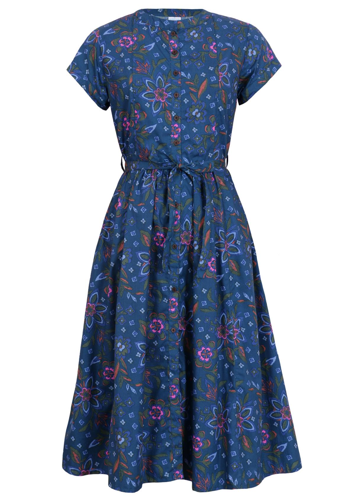 100% cotton retro style dress has a blue base with green, orange and pink florals. 