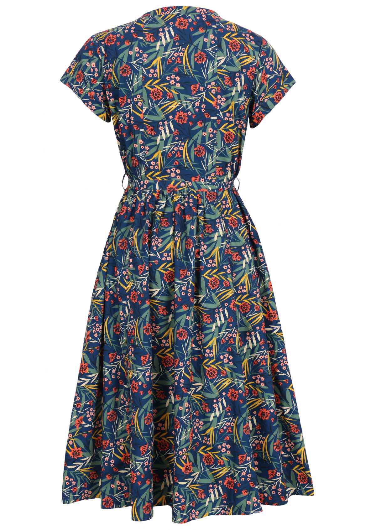 Teal based floral fit and flare cotton dress with cotton tie belt