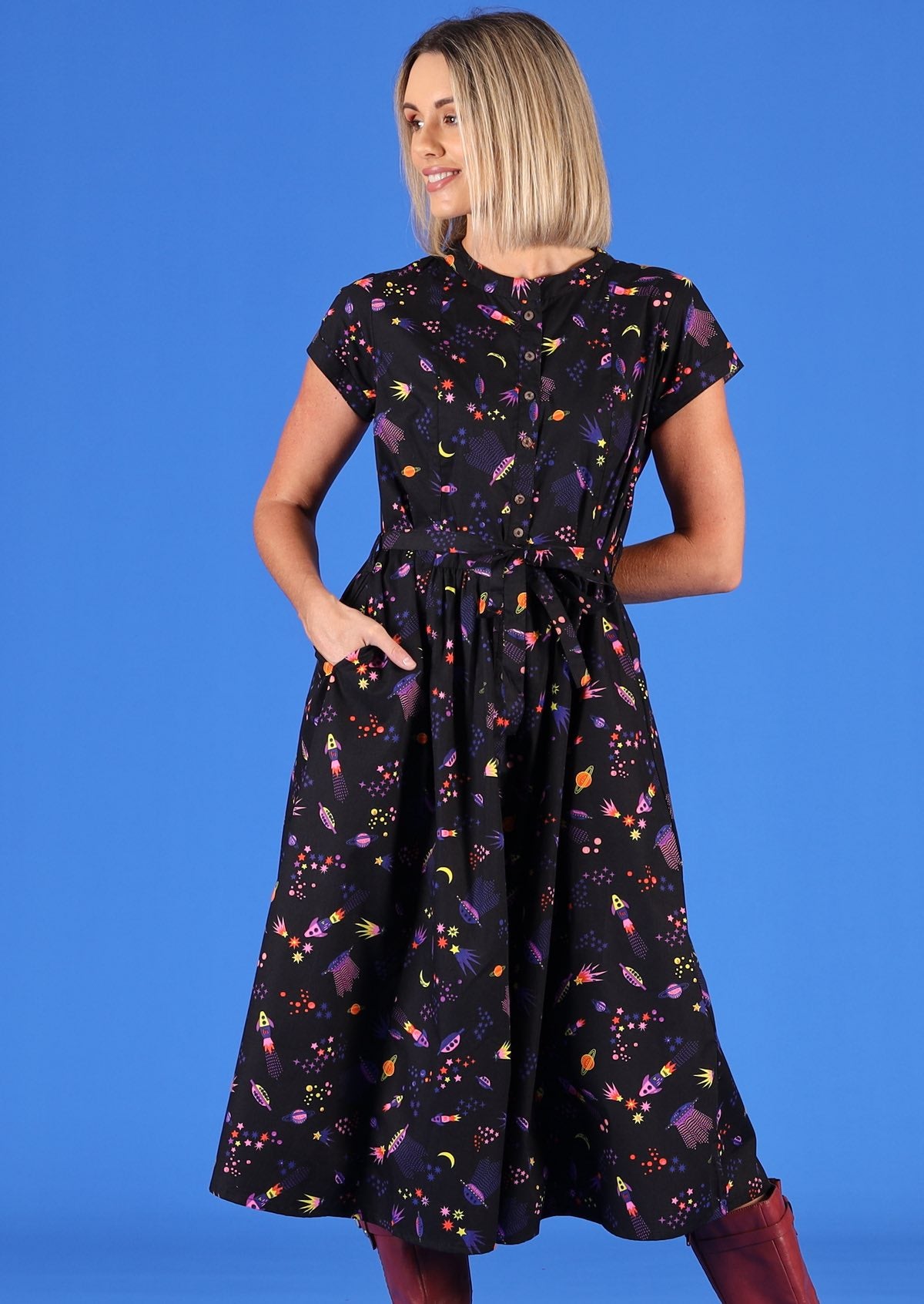 Vivien Dress Astro 100% cotton retro style maxi dress button through front mandarin collar waist tie and hidden side pockets | Karma East Australia