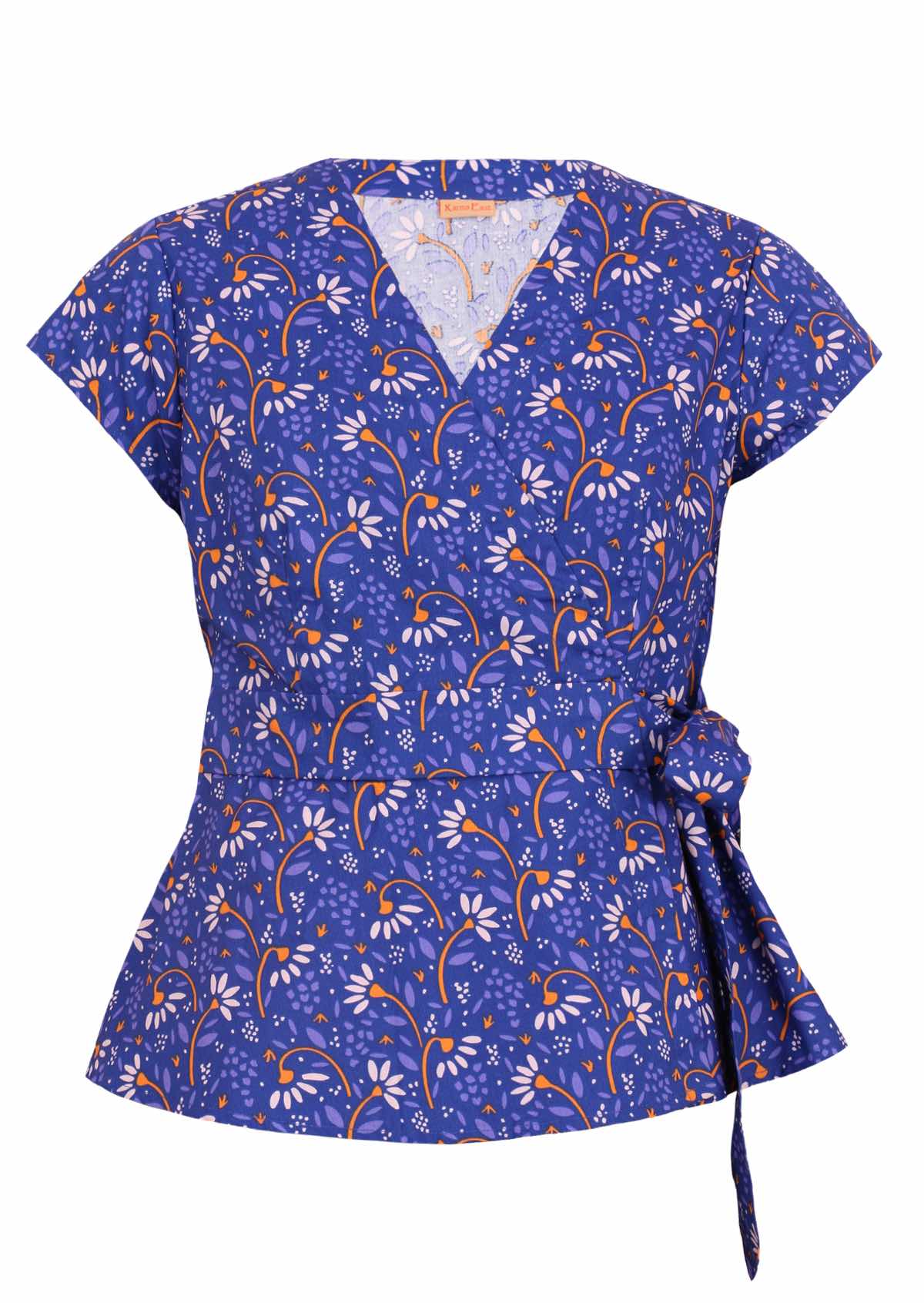 Cotton wrap top with orange and white flowers on bright blue base