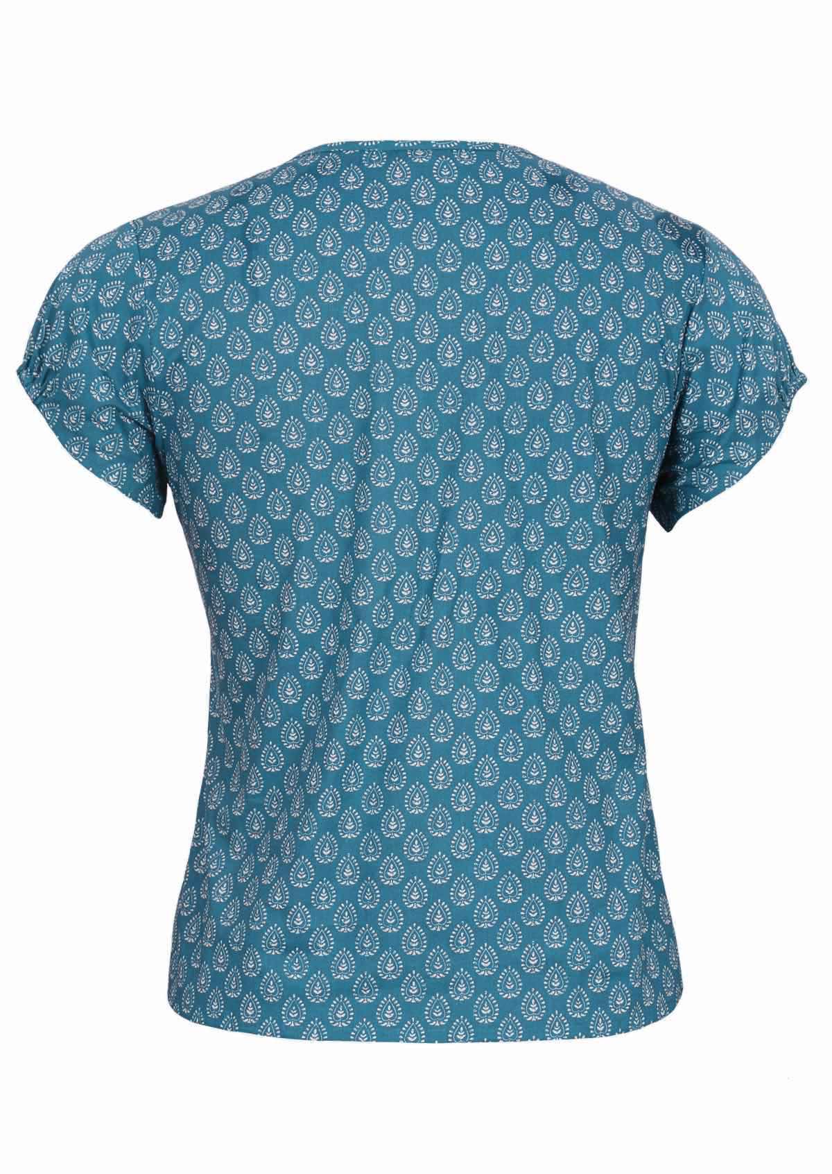 short sleeve cotton top with white print on blue base
