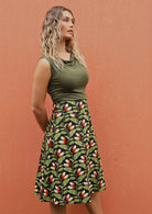 Model wears generous A-line skirt with hidden side zip