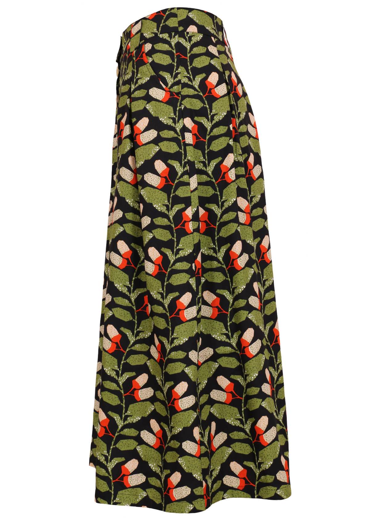 Cora Skirt Oak green and black print cotton mannequin side pic