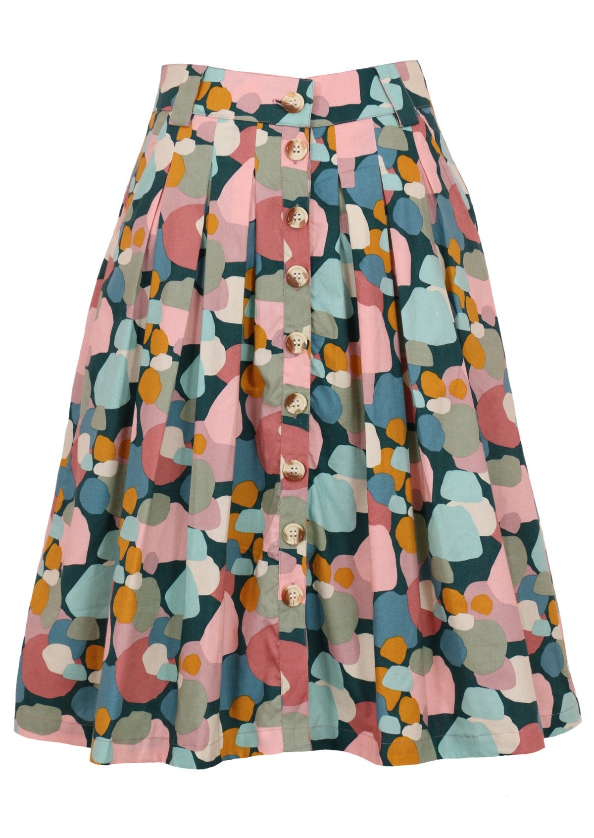 Pastel print button through skirt with box pleats and belt loops