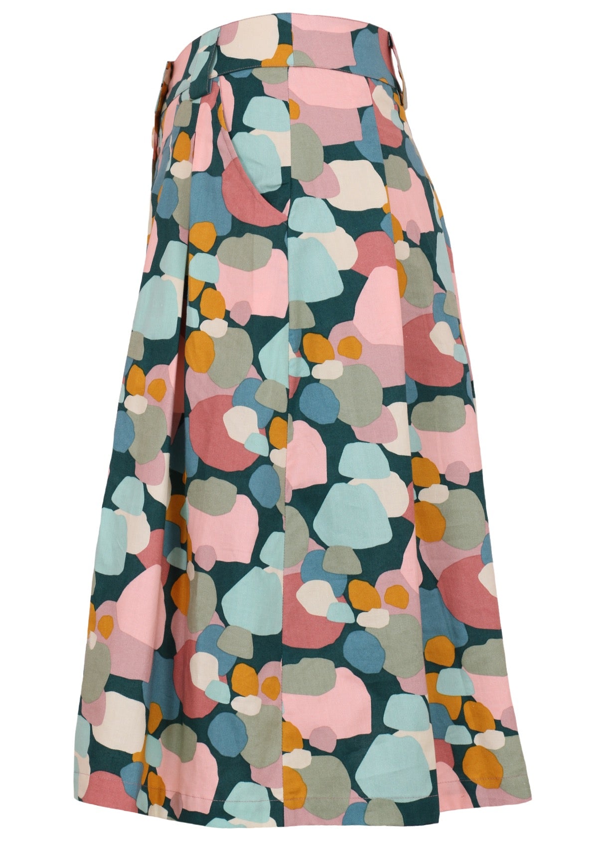 Pastel print cotton knee length skirt with pockets and belt loops