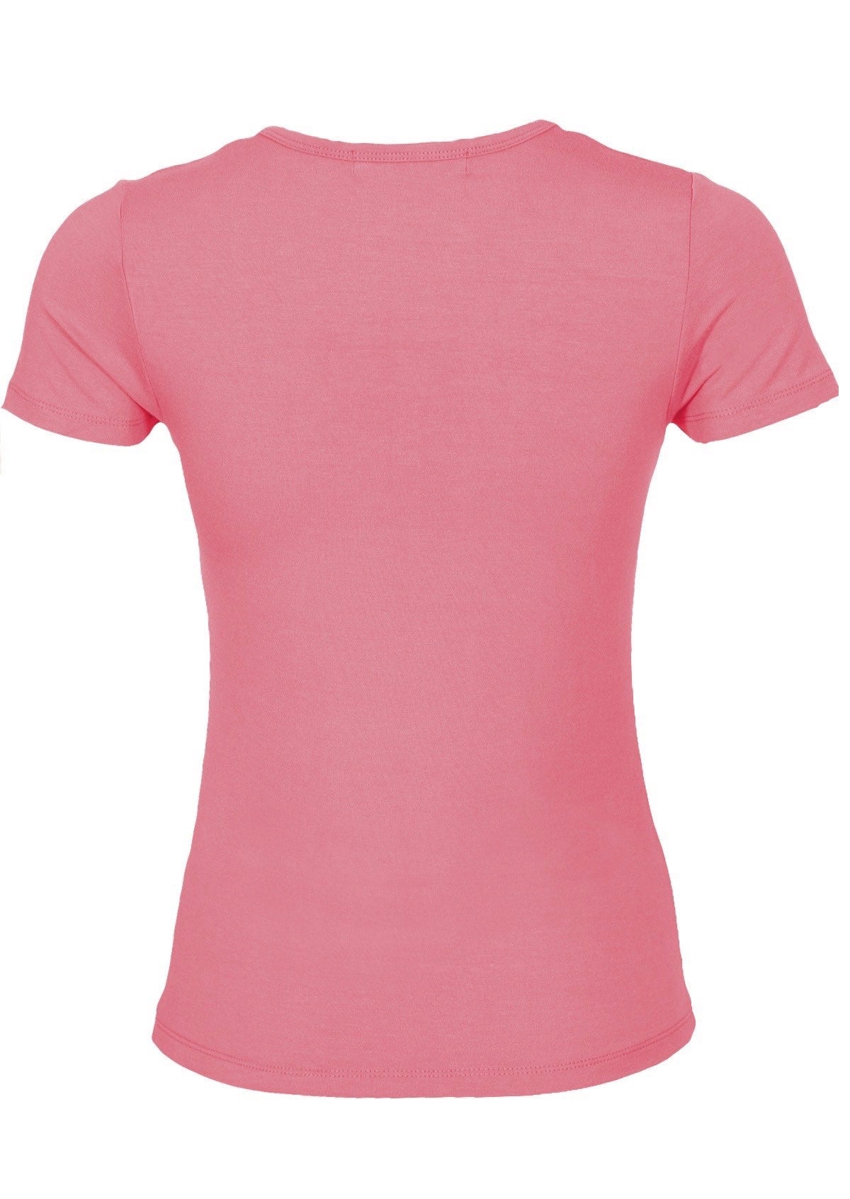 Back view women's scoop neck pink rayon fitted t-shirt.
