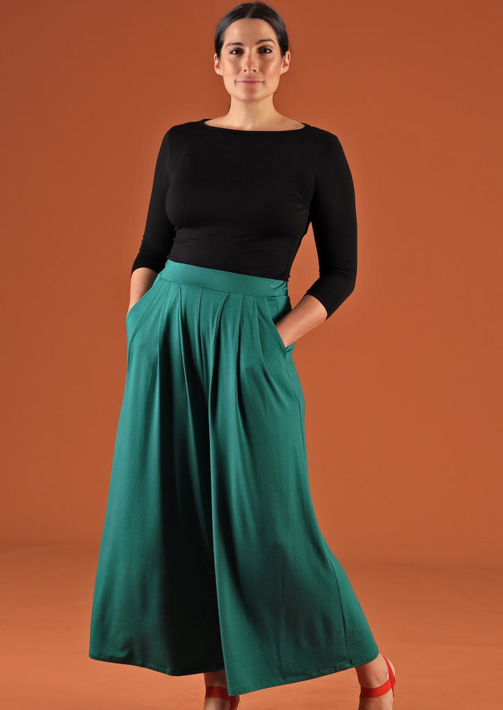 Wide Leg Stretch Pocket Pant wide leg elasticated back waistband front pleats pockets low crotch soft stretch rayon jade green | Karma East Australia