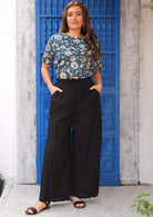Janis Pant high waisted Elasticised the back of waistband draw string front wide leg side pockets 100% cotton light weight black | Karma East 