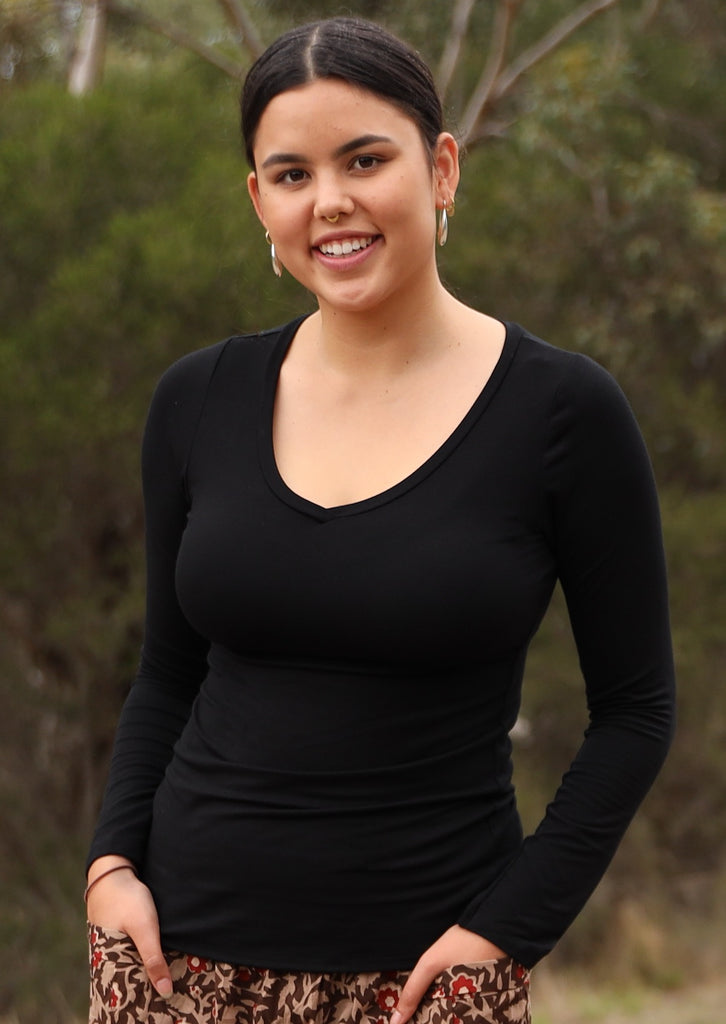 Long Sleeve Stretch V-neck Top soft rayon black | Karma East Australia