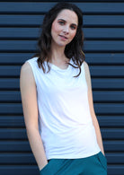 Cowl Neck Singlet Top sleeveless cowl neck fitted soft rayon jersey white | Karma East Australia