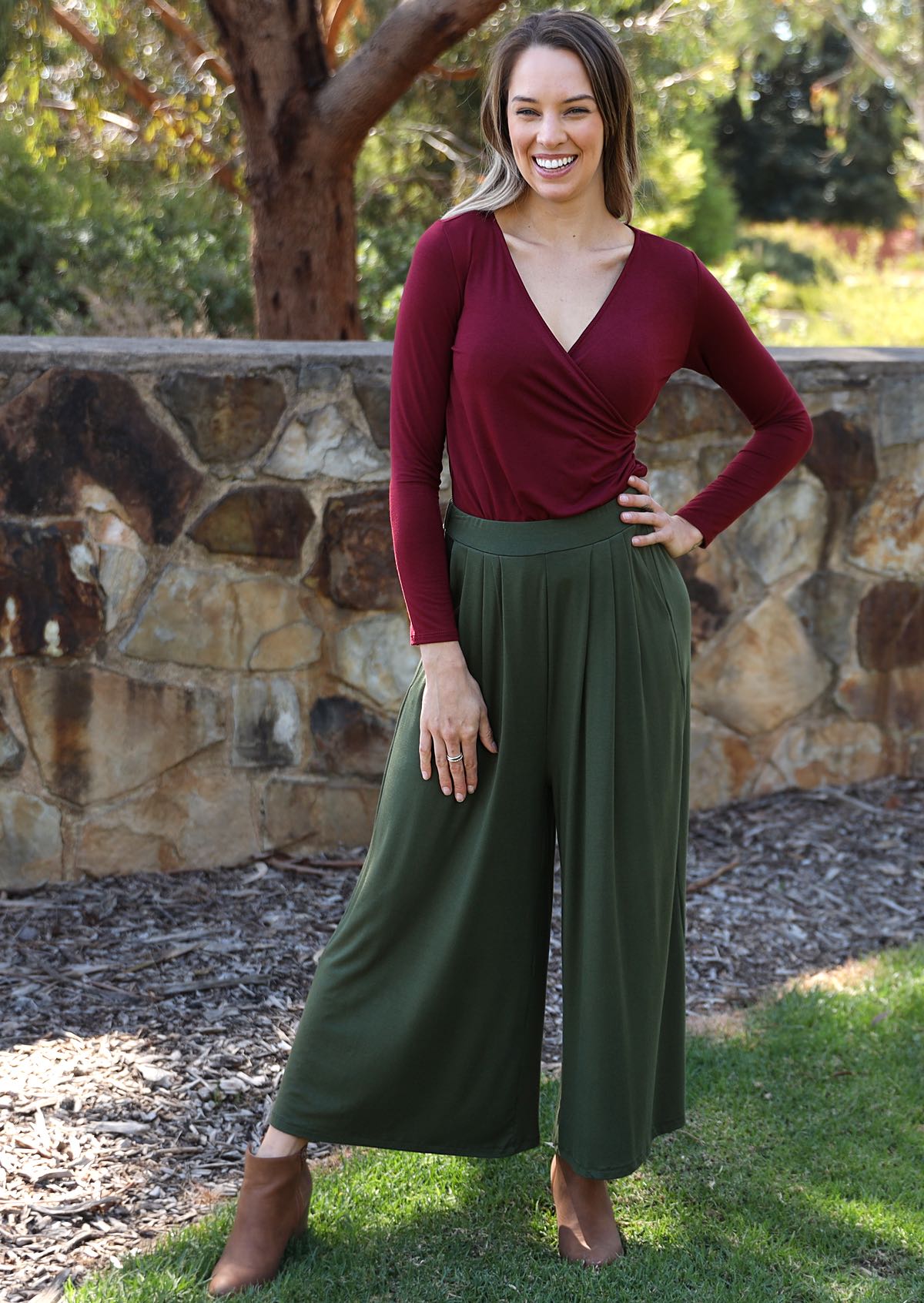 Wide Leg Stretch Pocket Pant wide leg elasticated back waistband front pleats pockets low crotch soft stretch rayon olive green| Karma East Australia