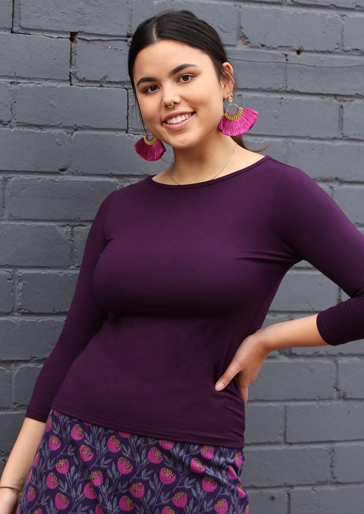 Boat Neck Top 3/4 sleeve fitted soft stretch rayon fabric dark purple | Karma East Australia