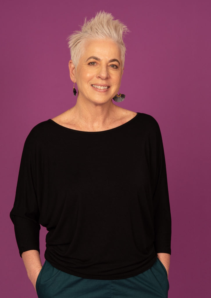 3/4 Sleeve Batwing Top round neckline 3/4 sleeve length batwing loose fitted bodice fits on hips Soft Stretch Rayon Black | Karma East Australia