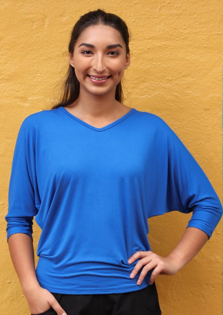 3/4 Sleeve V-neck Batwing Top loose fit body fitted at hips soft stretch rayon fabric electric blue | Karma East Australia