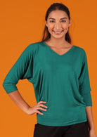 3/4 Sleeve V-neck Batwing Top loose fit body fitted at hips soft stretch rayon fabric jade green | Karma East Australia