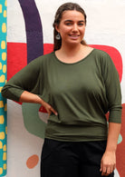 3/4 Sleeve Batwing Top round neckline 3/4 sleeve length batwing loose fitted bodice fits on hips Soft Stretch Rayon olive green | Karma East Australia