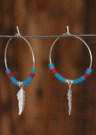 sterling silver hoop earrings blue red beads with silver feather pendant Australia