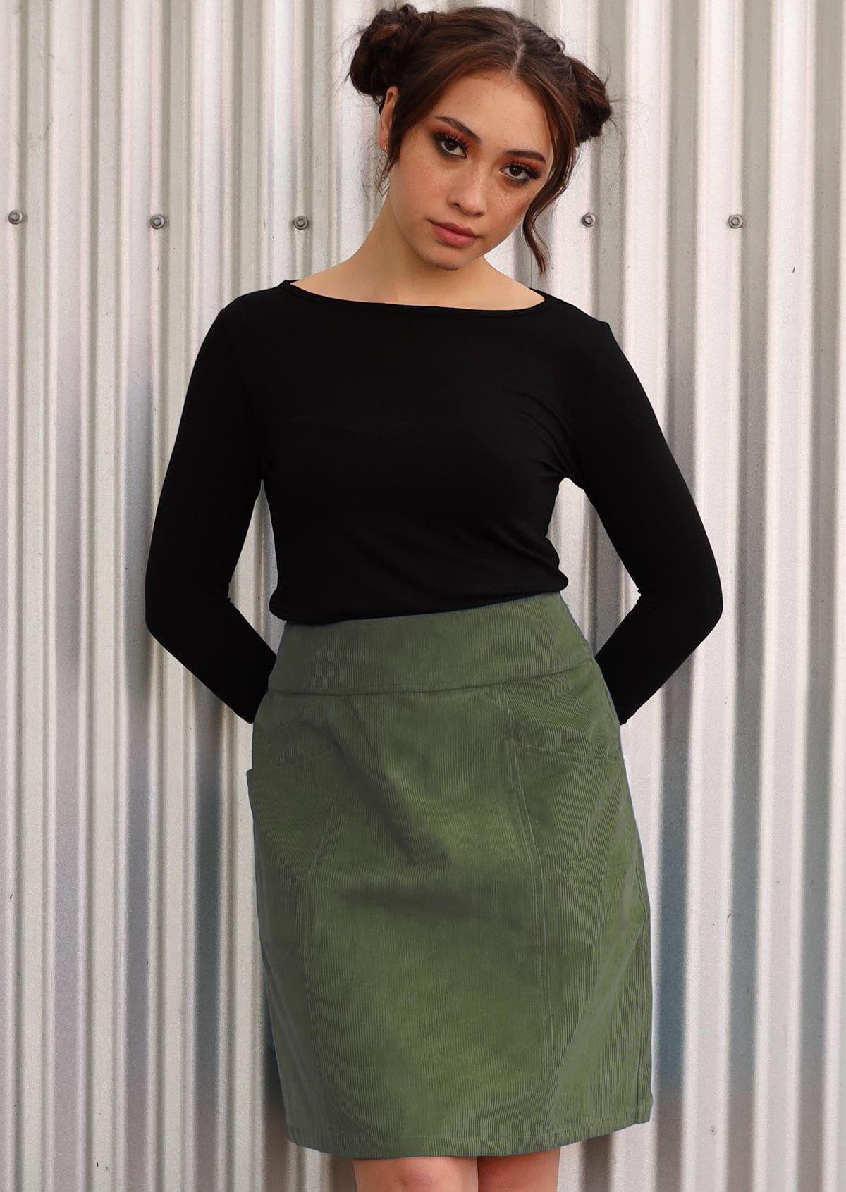 Aalia Cord Skirt thick waistband knee length front side pockets hidden side zipper thick 100% cotton corduroy clover green | Karma East Australia