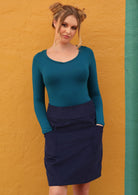 Aalia Cord Skirt thick waistband knee length front side pockets hidden side zipper thick 100% cotton corduroy navy blue | Karma East Australia