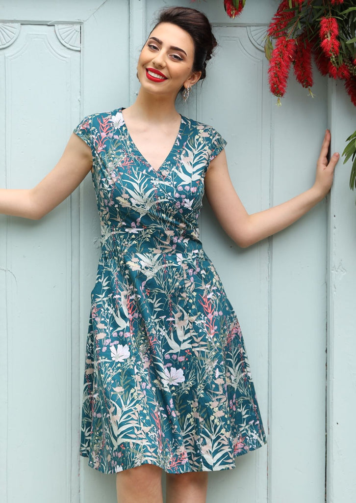 Woman wearing Alice Retro Style 100% Cotton Womens Dress  crossover bodice with v-neckline and full skirt