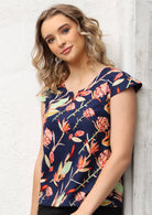 100% Indian cotton women's top navy background with coloured native floral print