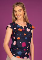 Aubrey Top Round neckline with keyhole detail cap sleeves 100% cotton navy background coloured spots print | Karma East Australia