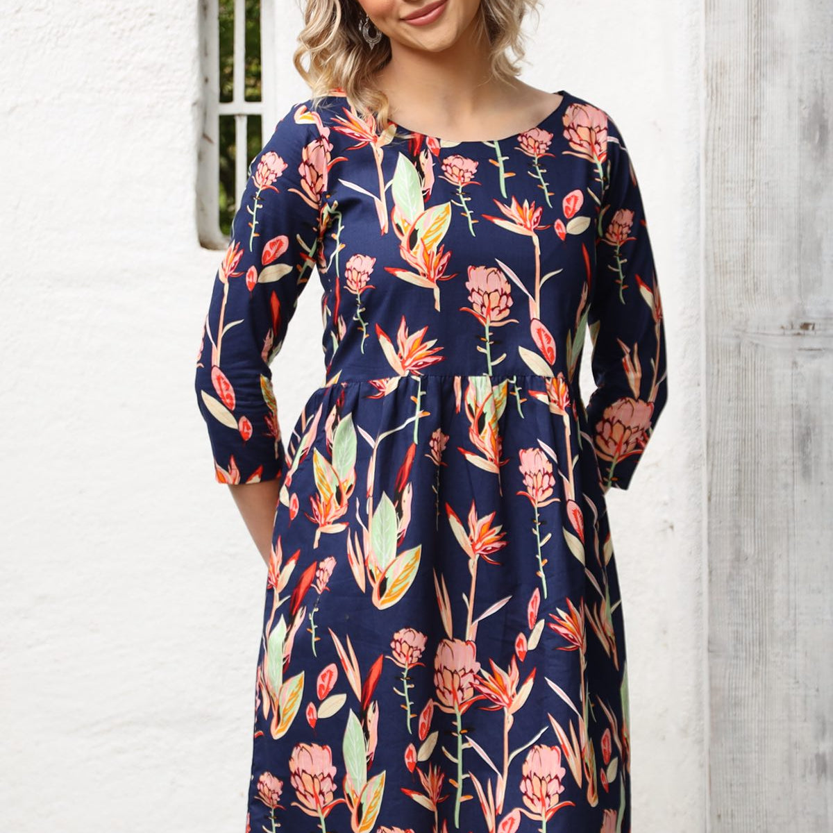 Avery Dress Bird of Paradise | Cotton Blue Base Floral Print – Karma East