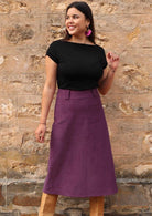 Belt Loop Cord Skirt a-line below knee length wide waistband yoke belt loops back pockets side zipper 100% cotton corduroy purple | Karma East Australia