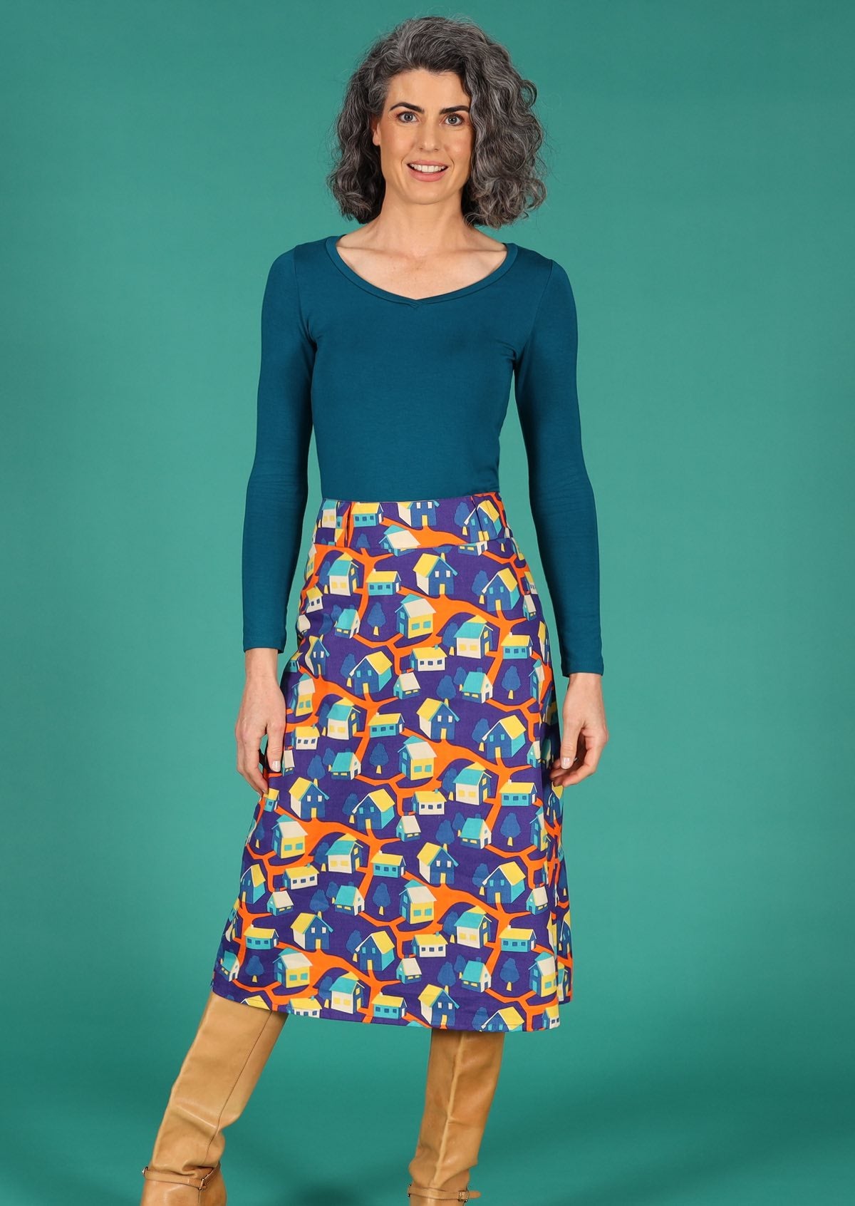 Belt Loop Skirt Around The Houses 100% cotton blue orange yellow retro print mid length skirt with belt loops and side zip | Karma East Australia