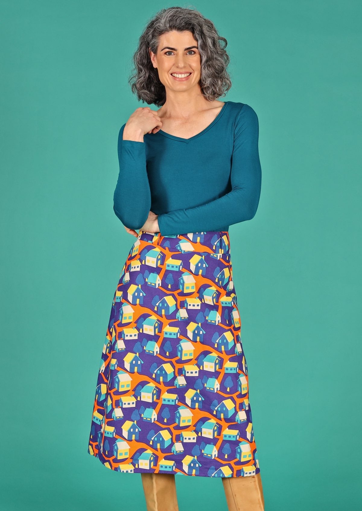 cotton colourful house print mid length skirt
