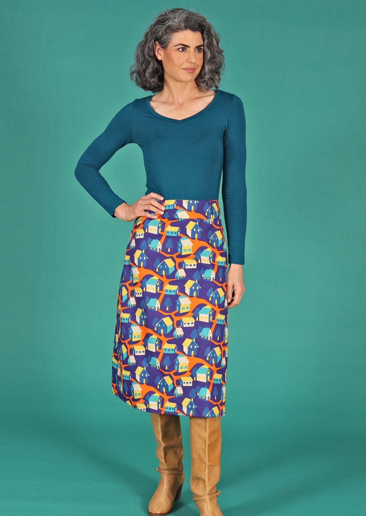 cotton mid length skirt retro print