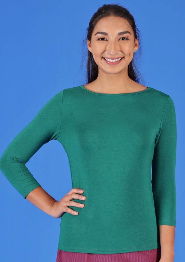 Boat Neck Top 3/4 sleeve fitted soft stretch rayon fabric jade green | Karma East Australia
