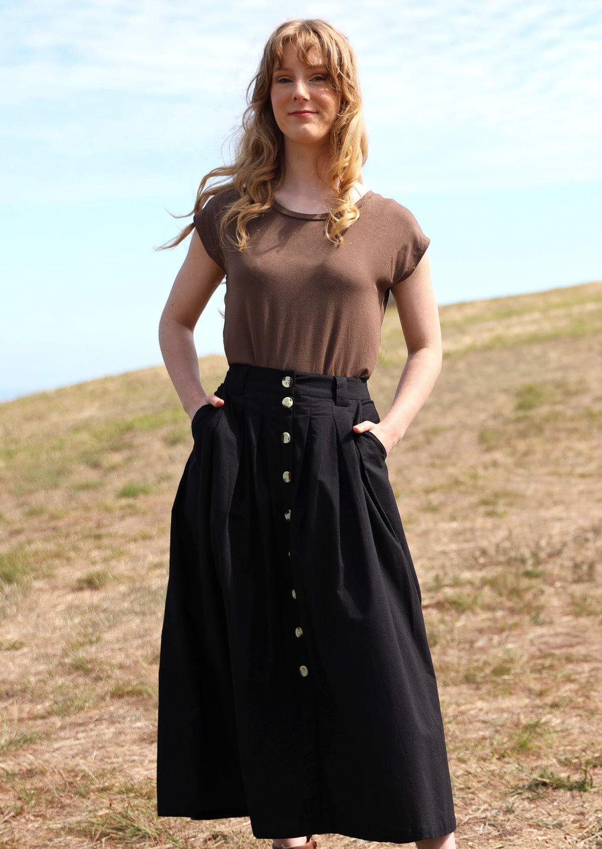Cora Skirt full front button down closure belt loops box pleats maxi skirt with side pockets 100% cotton black | Karma East Australia