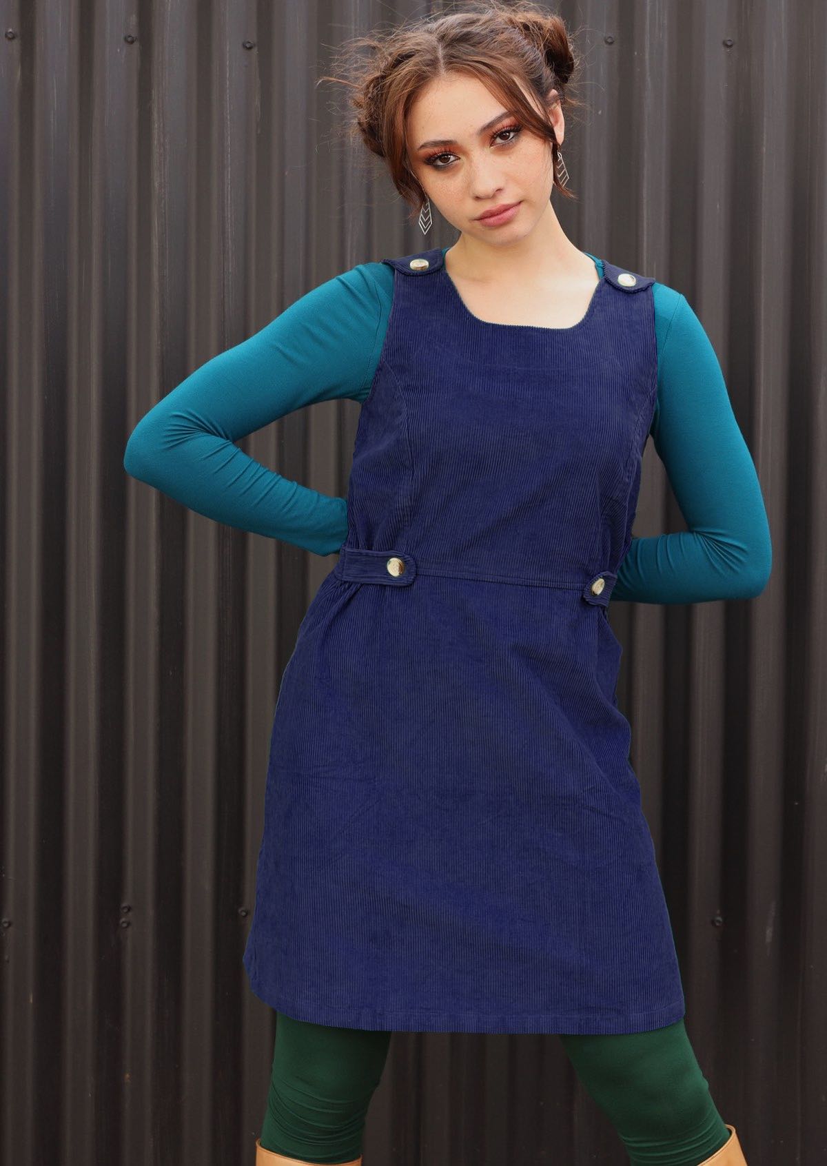 Cord Button Dress round neck sleeveless form fitting bodice a-line skirt adjustable side buttons non-functional shoulder buttons back pockets 100% cotton corduroy navy blue | Karma East Australia