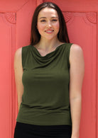 Cowl Neck Singlet Top sleeveless cowl neck fitted soft stretch rayon olive green | Karma East