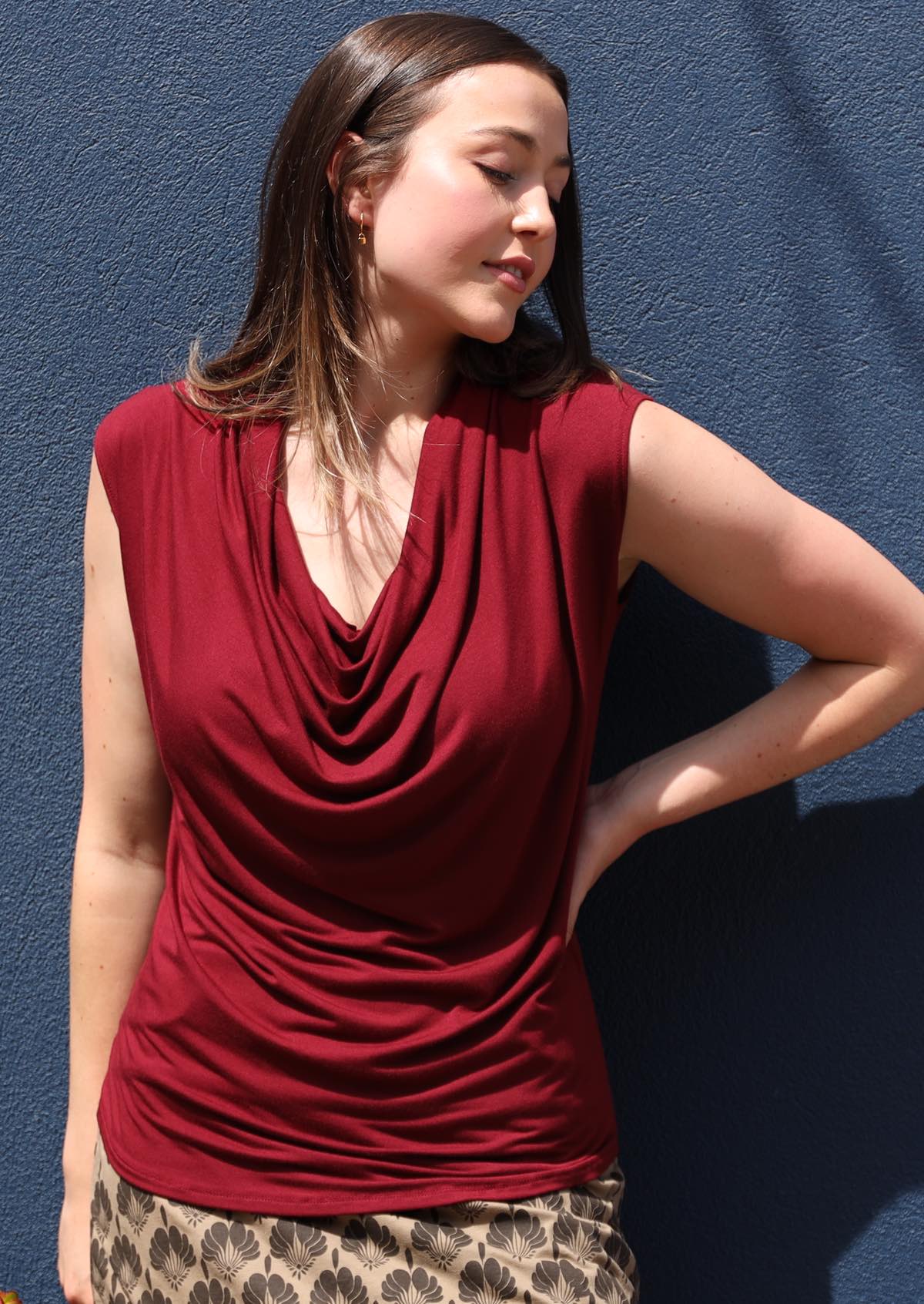 Cowl Neck Top cap sleeve loose cowl neck soft stretch rayon jersey maroon | Karma East Australia